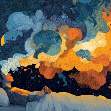 This shows a person sleeping, surrounded by vivid colors.