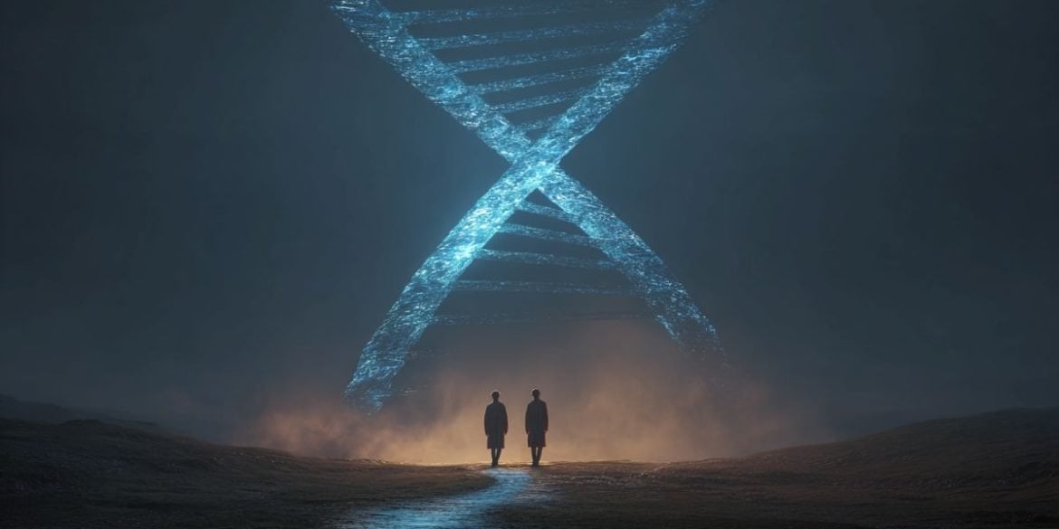 This shows a DNA double helix and a pair of twins.