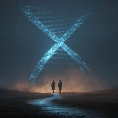 This shows a DNA double helix and a pair of twins.