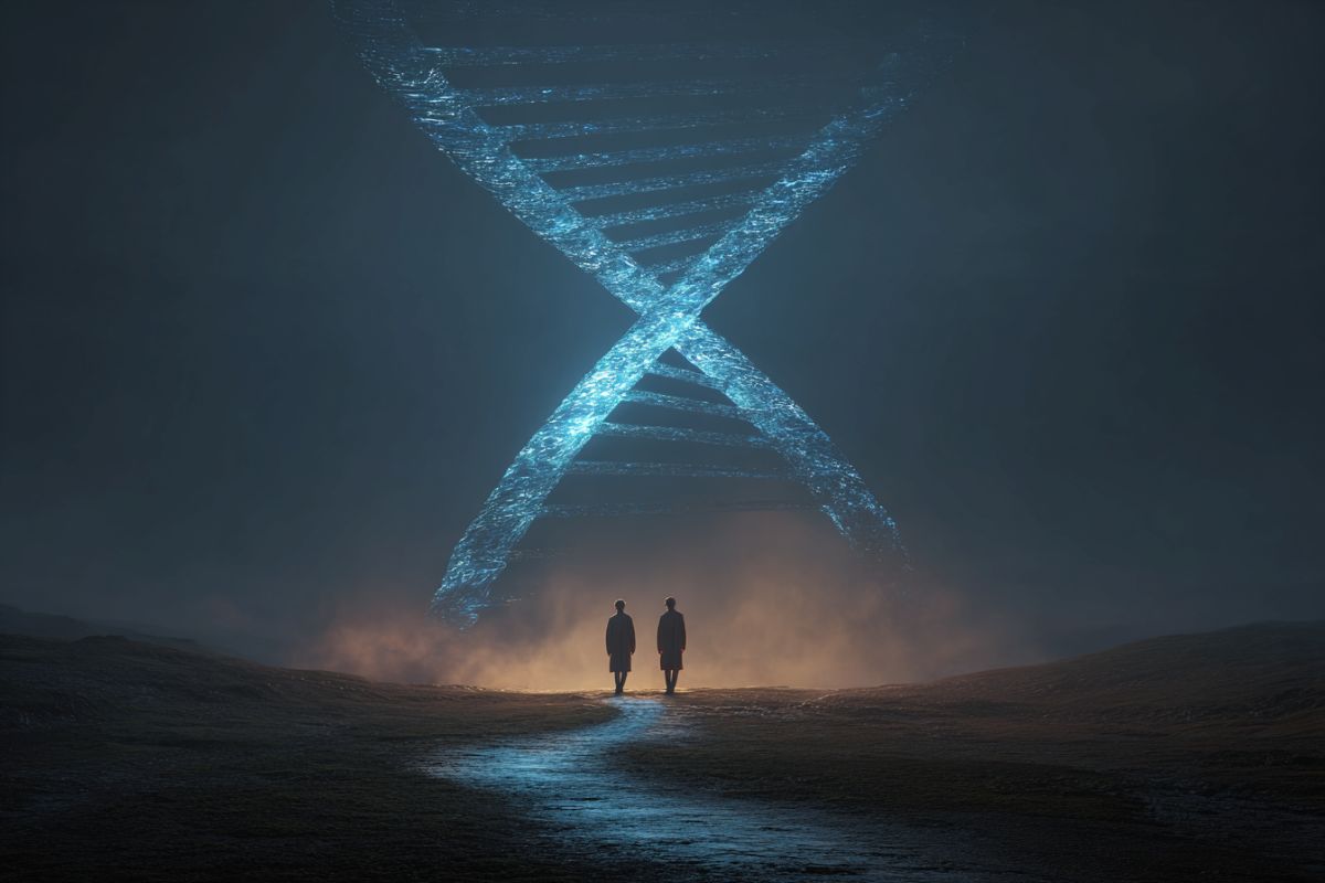 This shows a DNA double helix and a pair of twins.