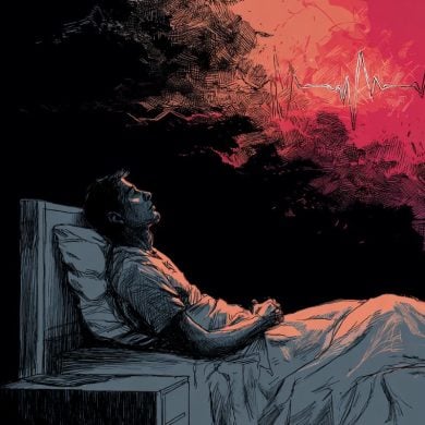 This shows a person laying awake in bed.