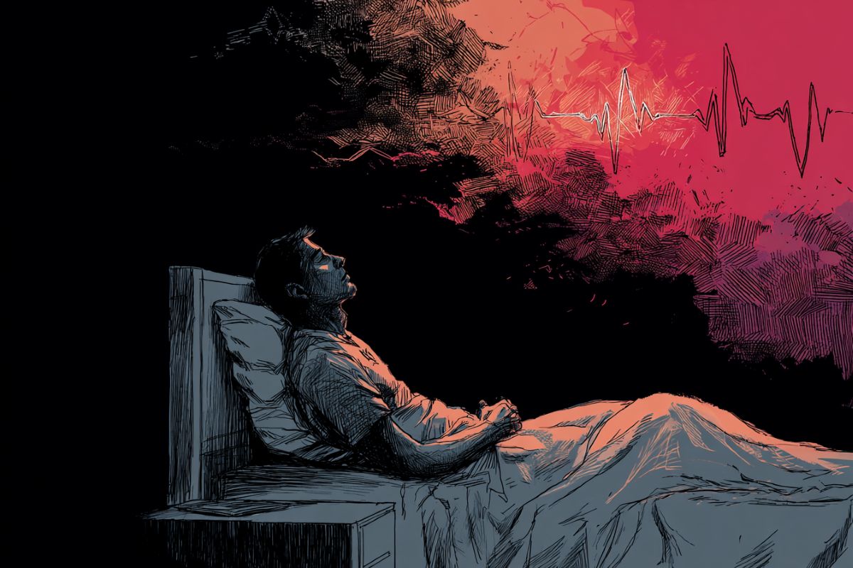 This shows a person laying awake in bed.