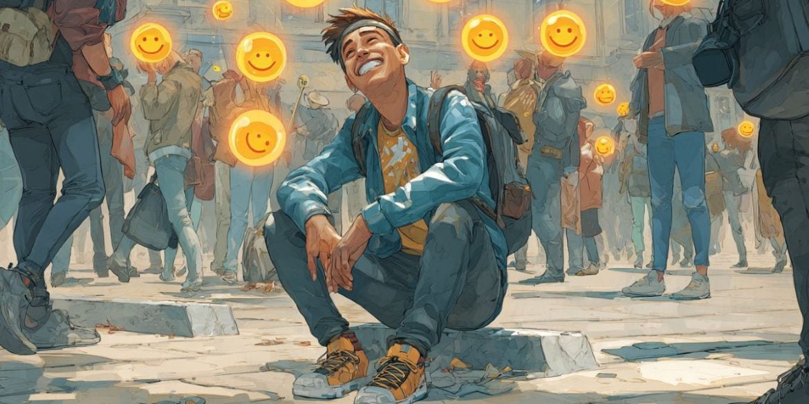 This shows a person smiling and sitting on the floor after tripping.