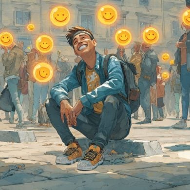 This shows a person smiling and sitting on the floor after tripping.