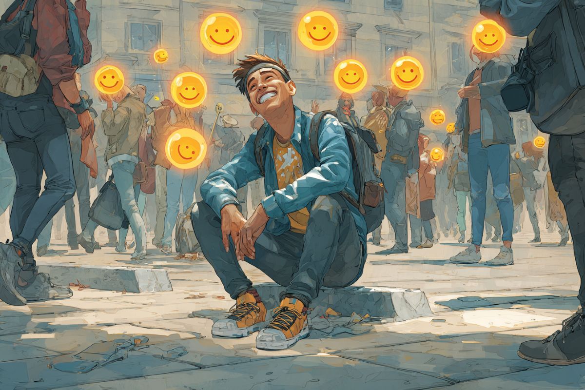 This shows a person smiling and sitting on the floor after tripping.