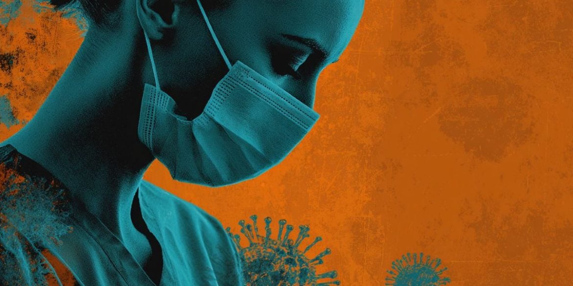 This shows a woman in a facemask and the COVID virus.