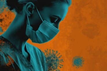 This shows a woman in a facemask and the COVID virus.