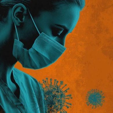 This shows a woman in a facemask and the COVID virus.