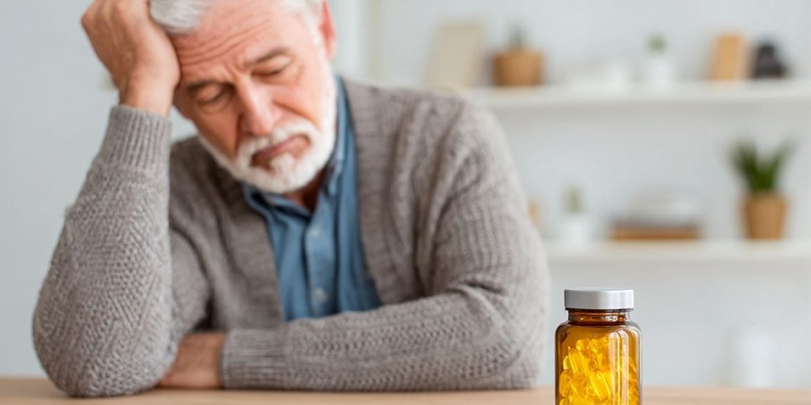 This shows an older man and vitamin D pills.