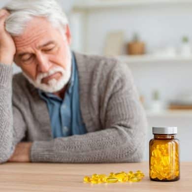 This shows an older man and vitamin D pills.