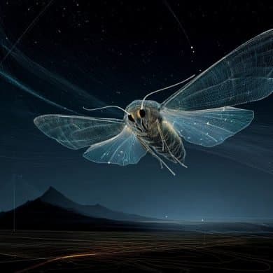 This shows a moth flying at night.