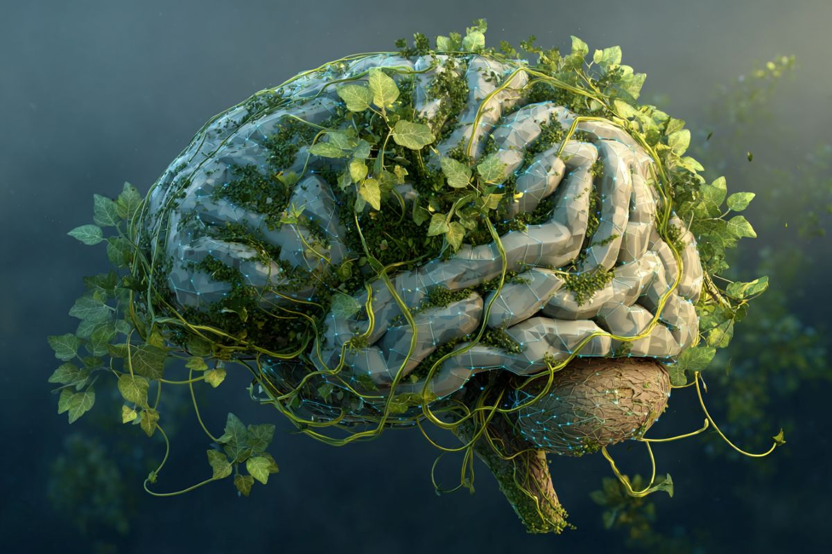 This shows a brain covered in leaves.