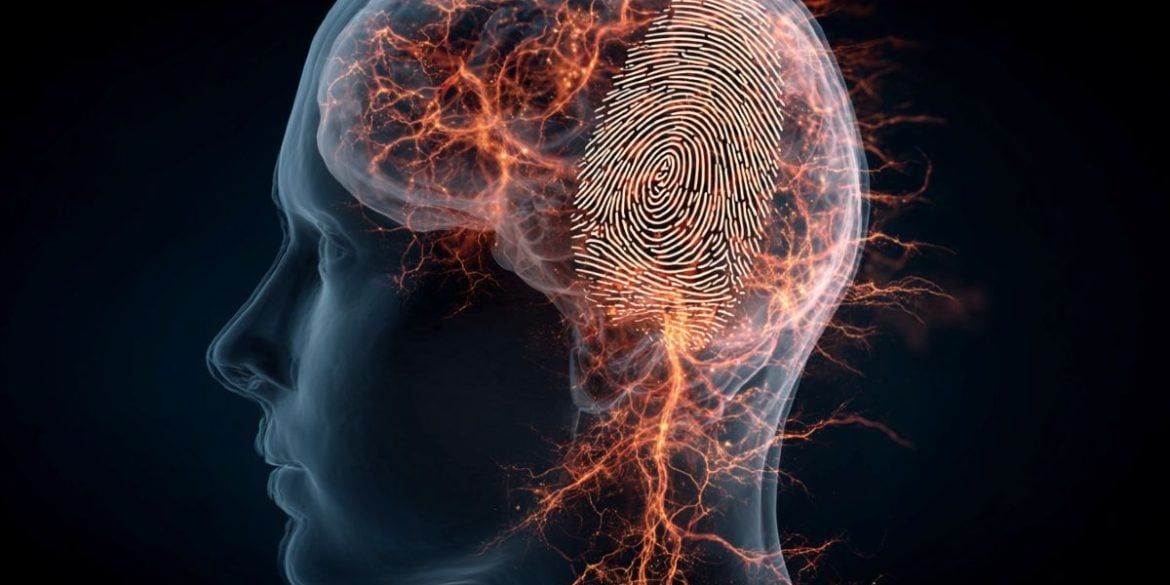This shows a head and an inflamed brain. Overlaid is a fingerprint.