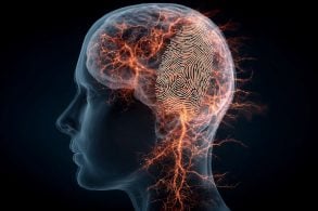 This shows a head and an inflamed brain. Overlaid is a fingerprint.