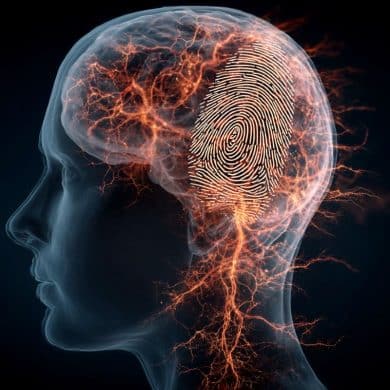 This shows a head and an inflamed brain. Overlaid is a fingerprint.
