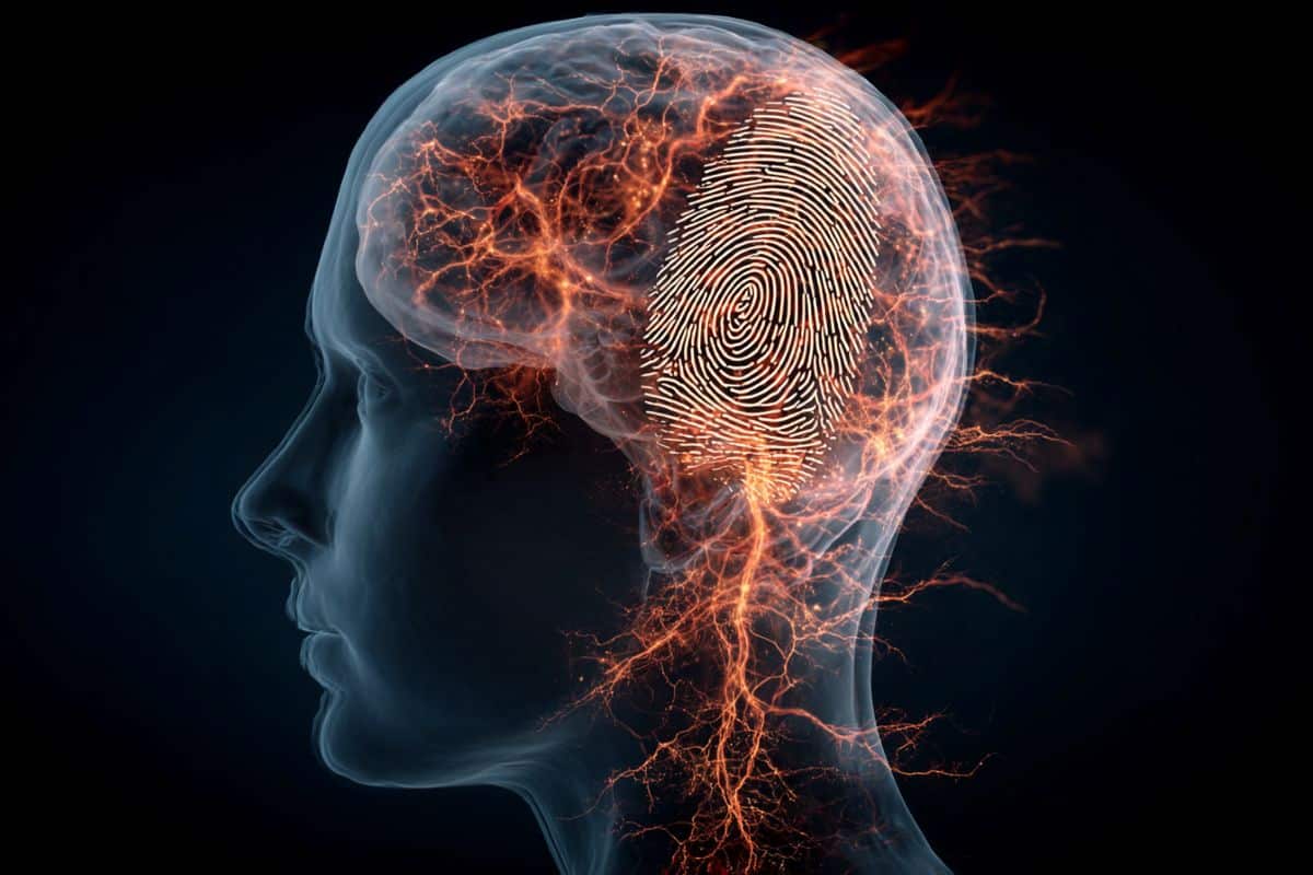 This shows a head and an inflamed brain. Overlaid is a fingerprint.