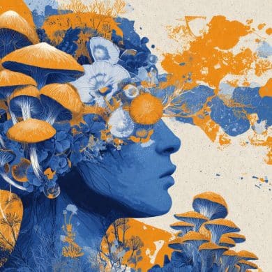 This shows a head surrounded by mushrooms.