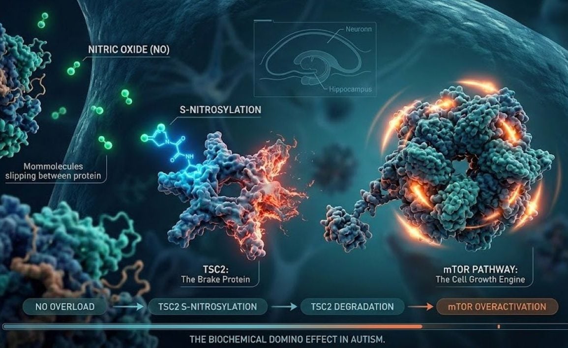 This diagram shows how the mTOR pathway is disrupted in ASD.