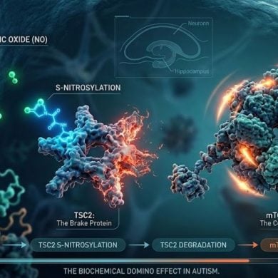 This diagram shows how the mTOR pathway is disrupted in ASD.
