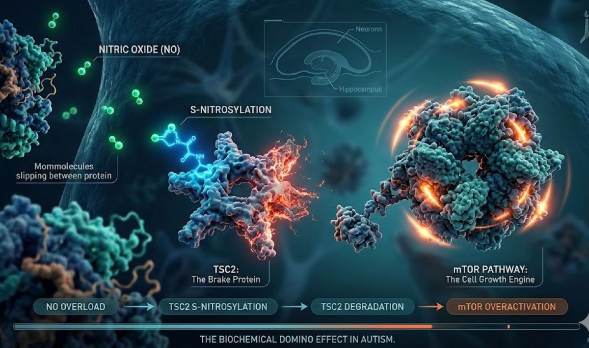 This diagram shows how the mTOR pathway is disrupted in ASD.