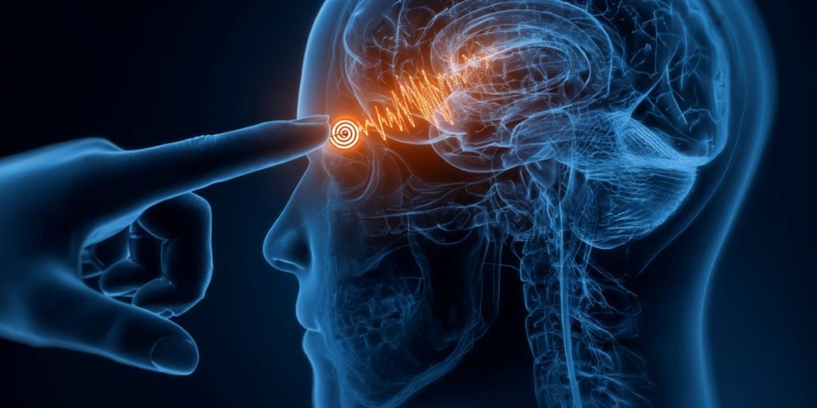 This shows the outline of a head and a brain with the auditory cortex lit up.