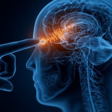 This shows the outline of a head and a brain with the auditory cortex lit up.