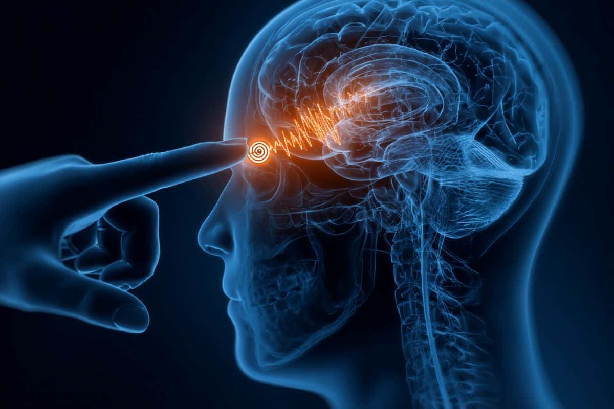 This shows the outline of a head and a brain with the auditory cortex lit up.