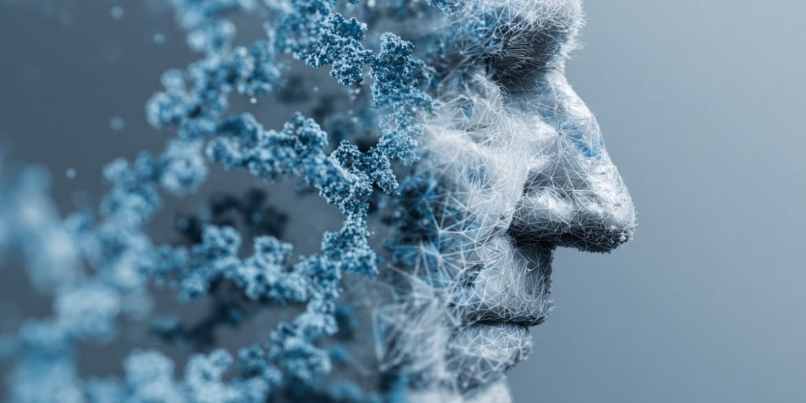 This shows a fragmented man's head with neurons floating around.