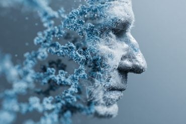 This shows a fragmented man's head with neurons floating around.