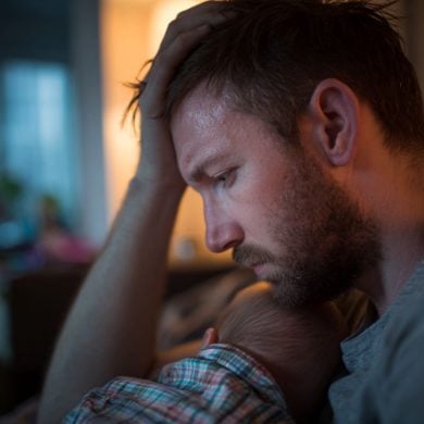 This shows a depressed dad and baby.