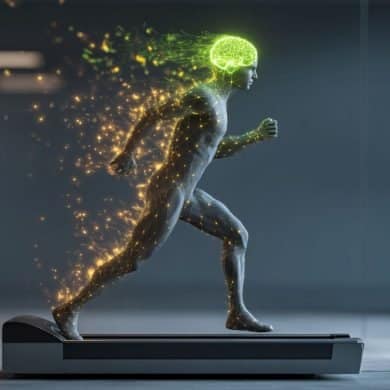 This shows a person on a treadmill and a brain.