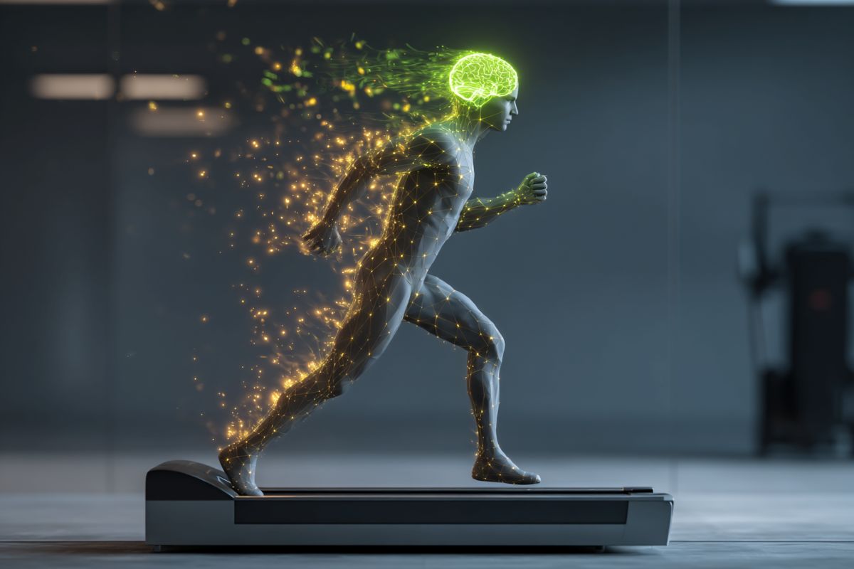 This shows a person on a treadmill and a brain.