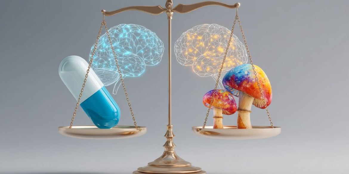 This shows a scale, a pill and mushrooms.