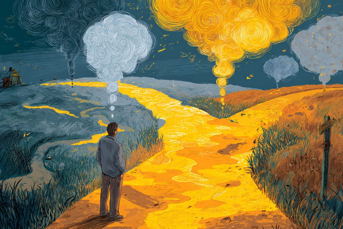 This shows a person at a crossroads.