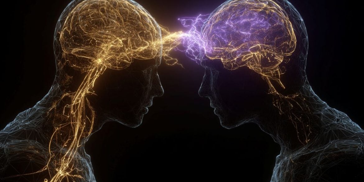 This shows two people looking at one another and two brains.