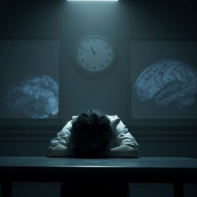 This shows a person in an interrogation room late at night. Brains are behind him.