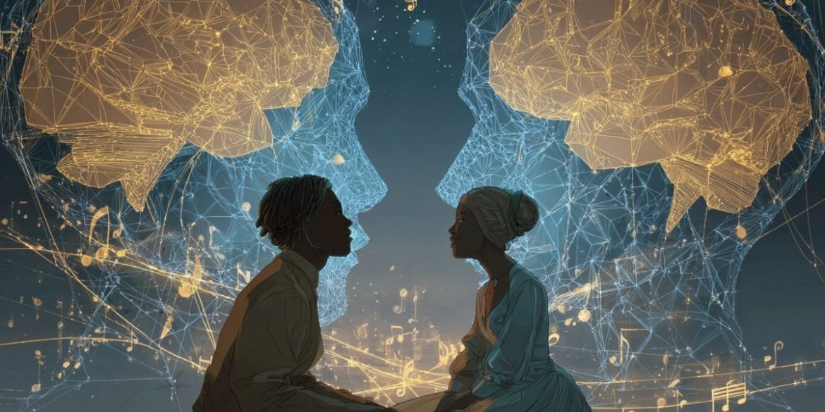 This shows two people holding hands, musical notes, and two heads with brains.