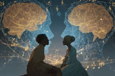 This shows two people holding hands, musical notes, and two heads with brains.