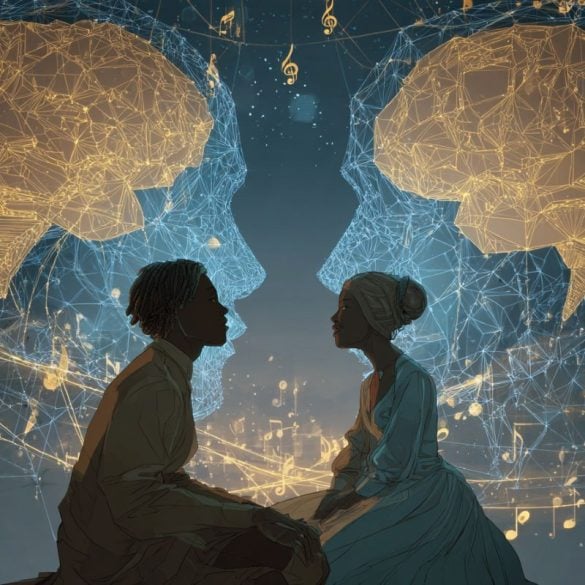 This shows two people holding hands, musical notes, and two heads with brains.