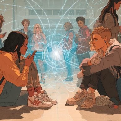 This shows two teens in a school hallway.