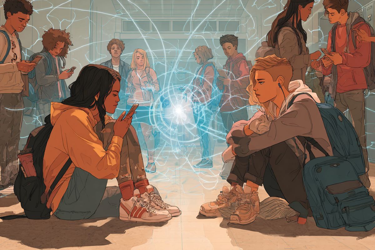 This shows two teens in a school hallway.