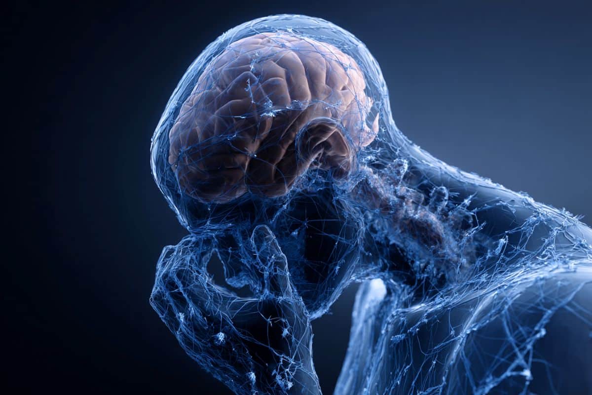 This shows the outline of a stressed person and a brain.