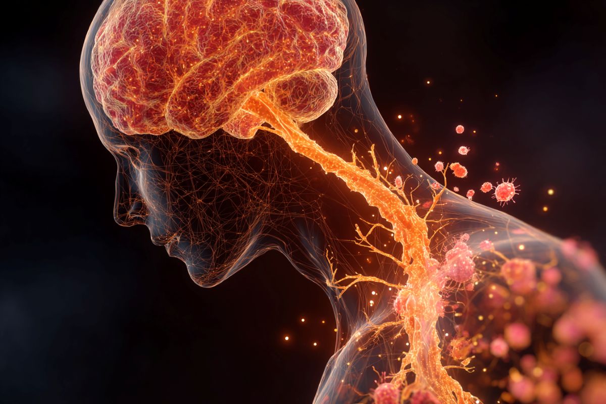 This shows the outline of a person and an inflamed brain.