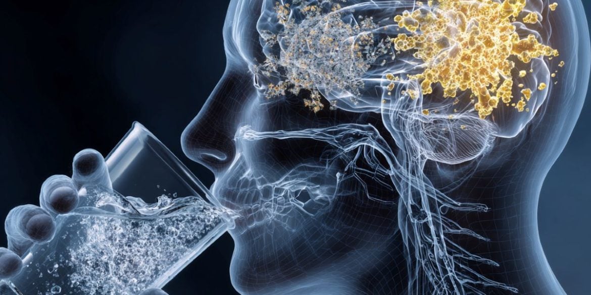 This shows the outline of a person drinking. The brain highlights the reward system.