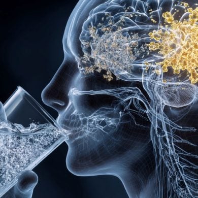 This shows the outline of a person drinking. The brain highlights the reward system.