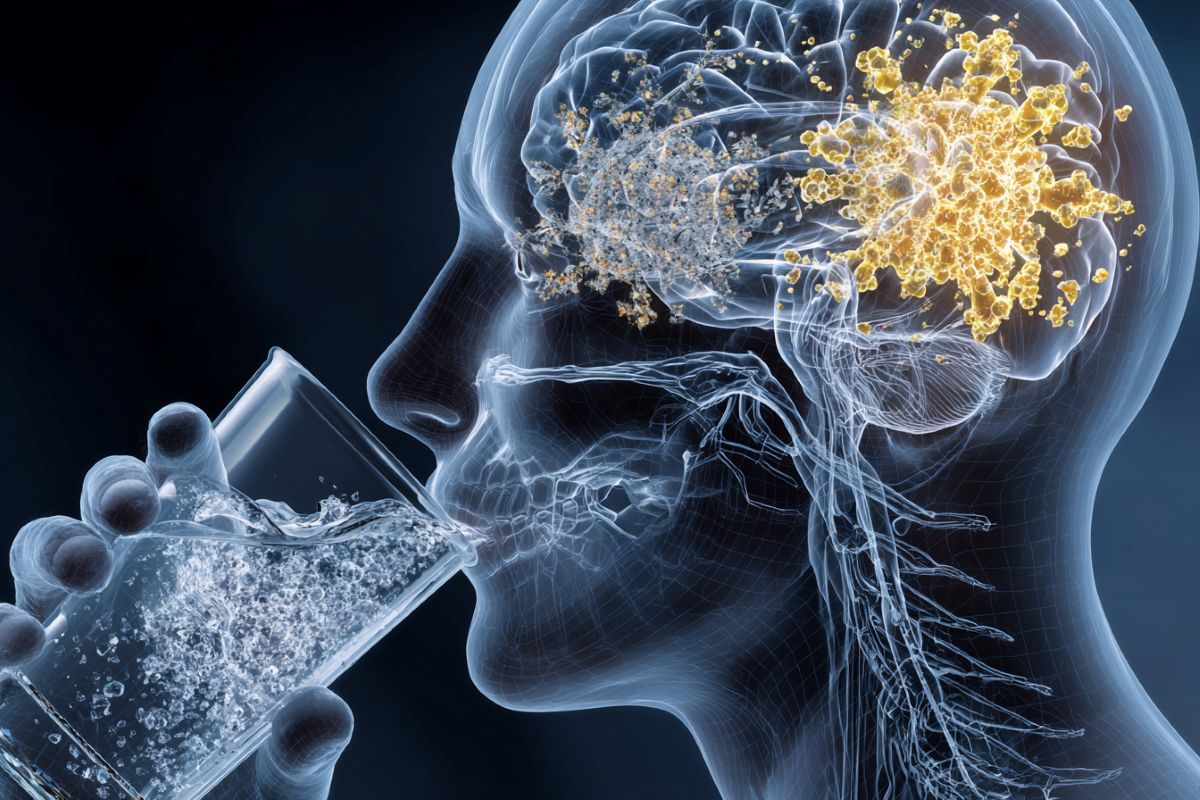 This shows the outline of a person drinking. The brain highlights the reward system.