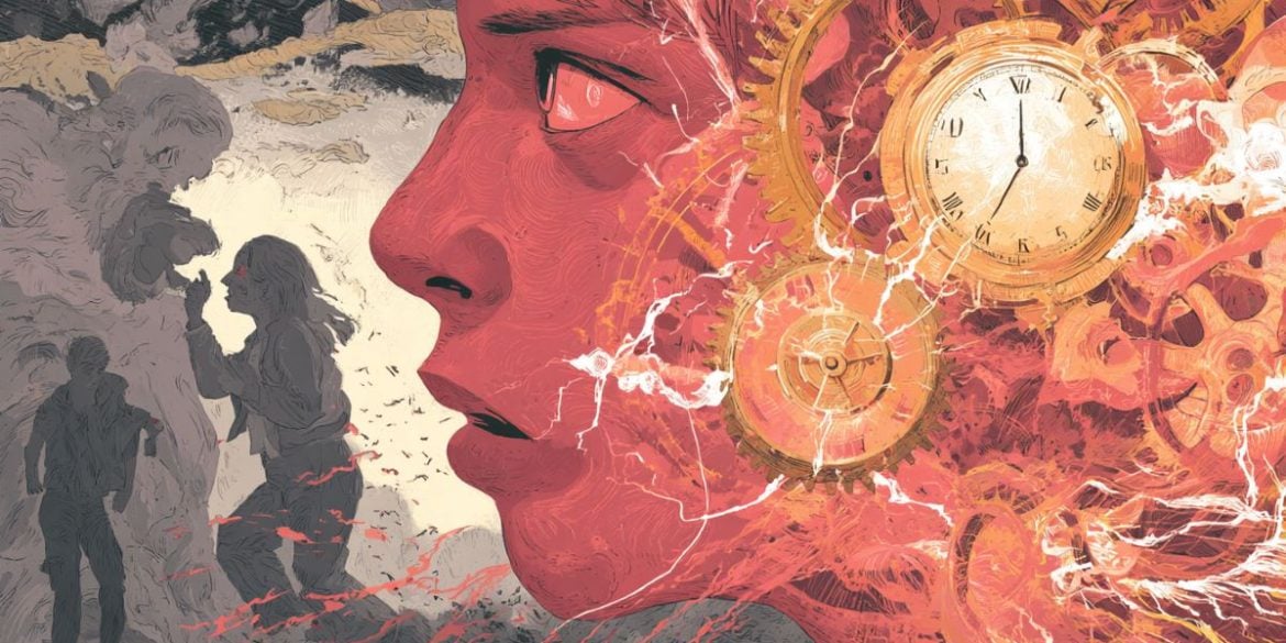 This shows an angry teen with a clock and shadows of older people.