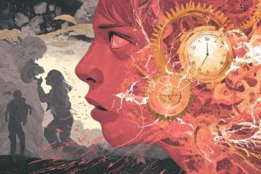 This shows an angry teen with a clock and shadows of older people.