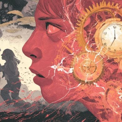 This shows an angry teen with a clock and shadows of older people.