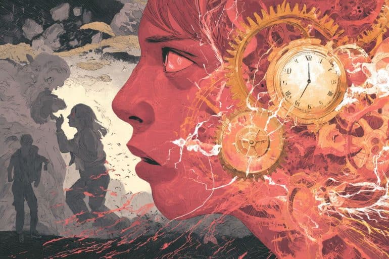 This shows an angry teen with a clock and shadows of older people.